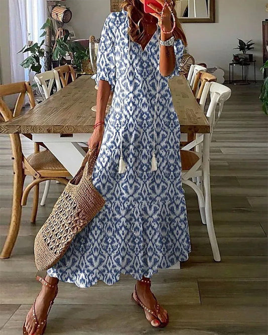 Andrea - Robe Imprimée Vintage Boho à Col V